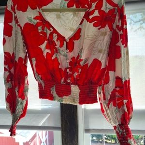 Floral Long Puff Sleeve Blouse with elastic wrist and waist